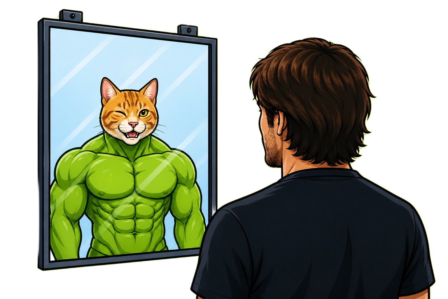 A man sees the CATINME muscle cat in the mirror